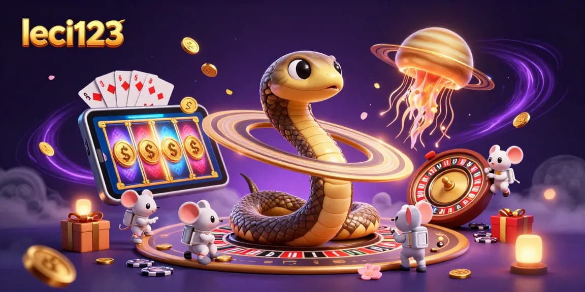 Experience leci123 gaming thrills with a vibrant cosmic casino illustration featuring a roulette wheel.