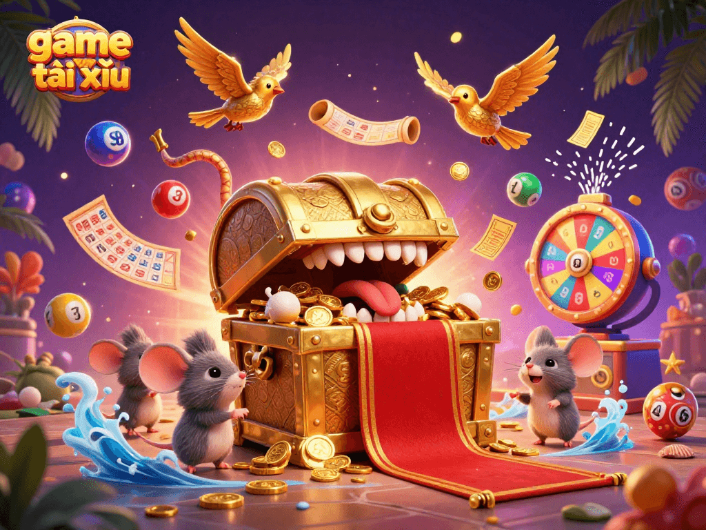 Engaging scene of game tài xỉu with vibrant lottery elements and treasure chest full of riches.