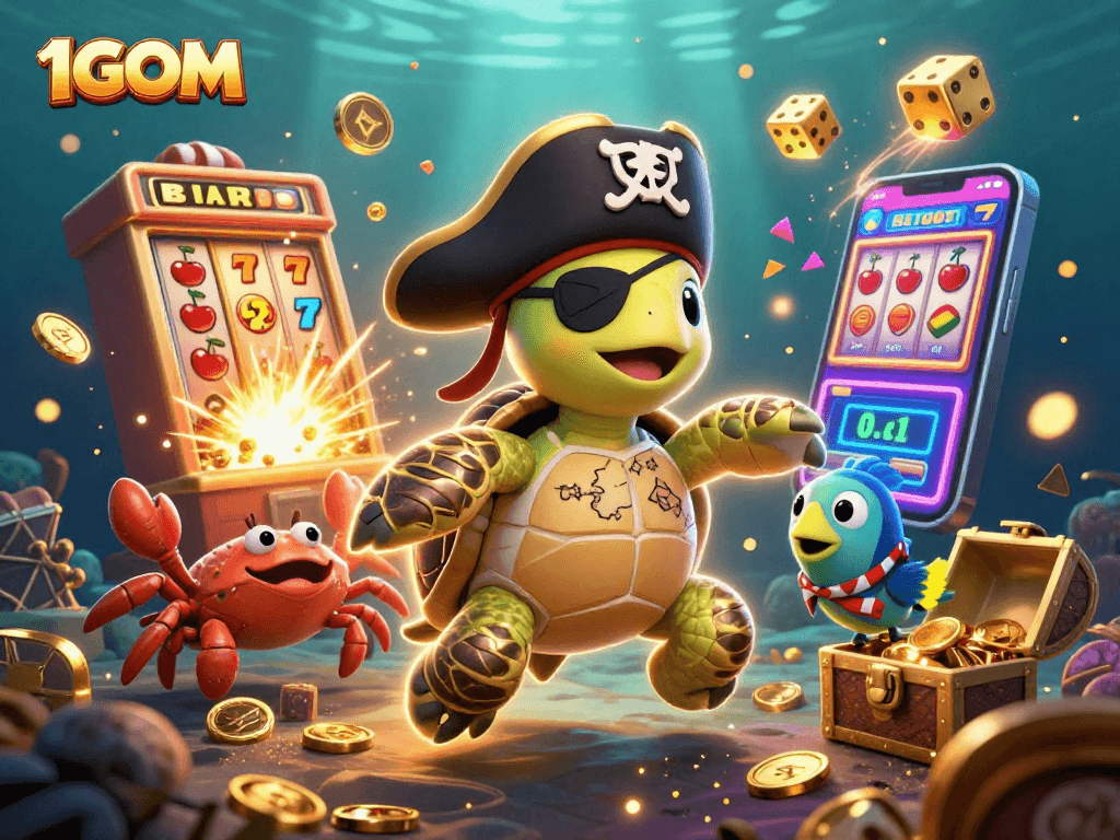Engage with 1GOM's vibrant casino world, featuring a pirate turtle with treasures amidst slot machine excitement.
