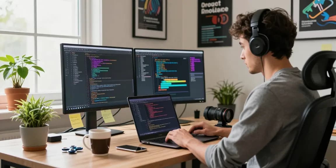 Developer coding in a cozy workspace highlighting crushonai innovations in software design.