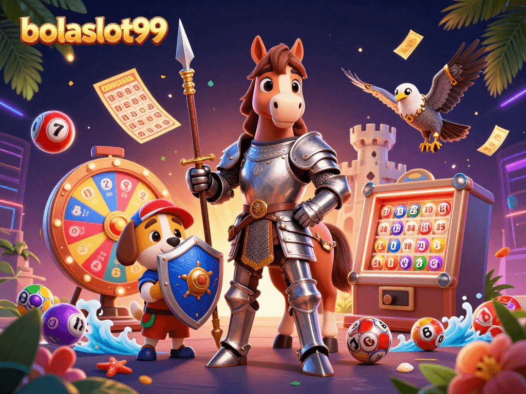 Engage with bolaslot99 through a dynamic scene of a knight, puppy, and falcon amidst vibrant gambling elements.