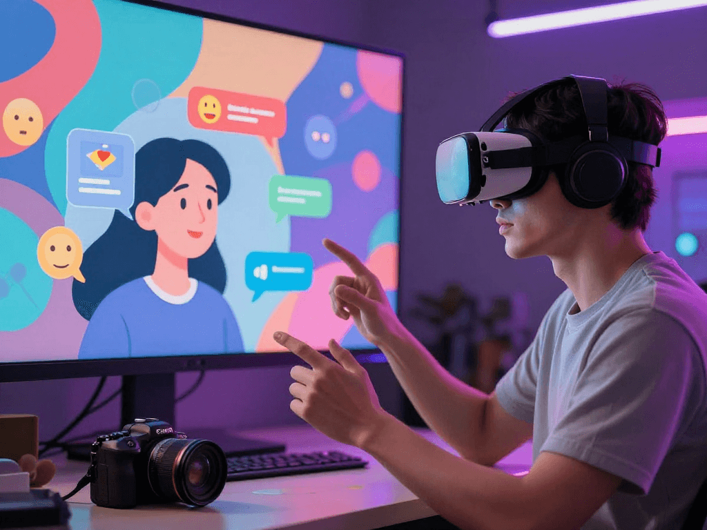 Engaging in an AI sex chat within a vibrant virtual environment, showcasing emotional interaction.