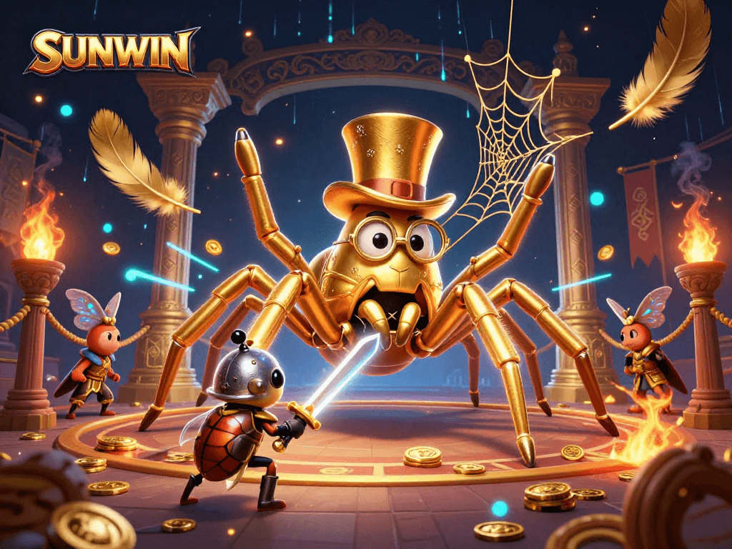 SUNWIN offers an engaging experience with a golden tarantula weaving a web among dynamic casino elements in a thrilling setting.