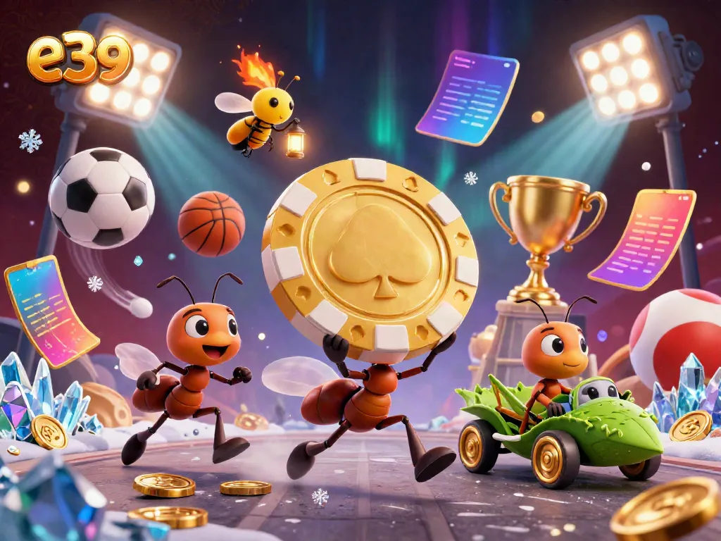 Cute ants carry a giant golden poker chip in an e39 themed casino heist scene.