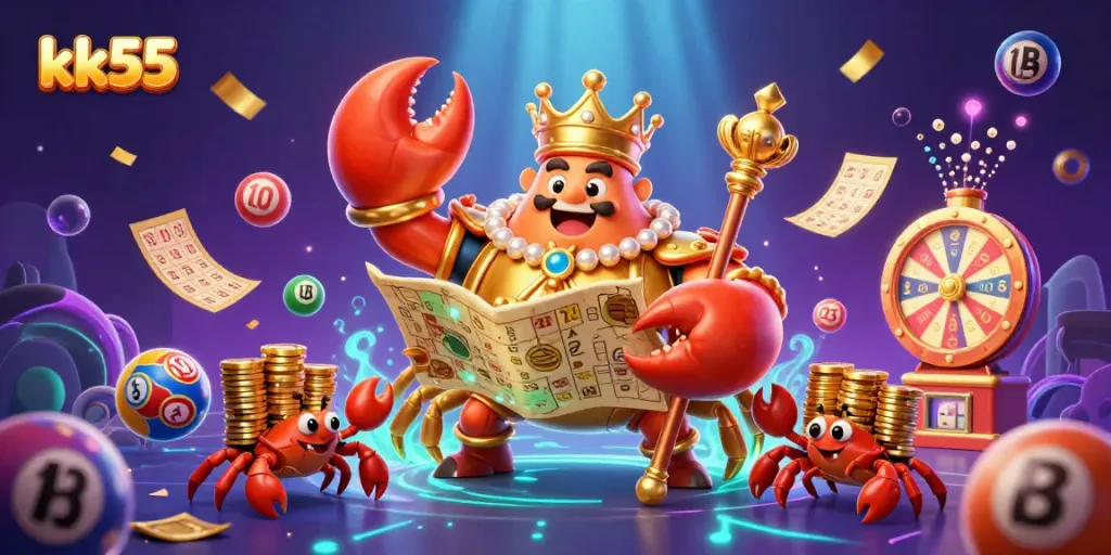 Experience kk55's vibrant lottery elements with golden crab and lottery balls amidst dazzling casino action.