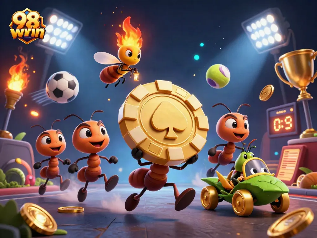 98win teams of cartoon ants heist for golden poker chip amid sports excitement