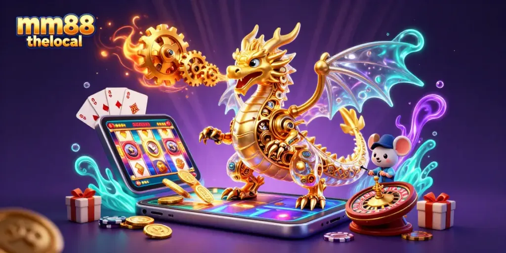 Experience thrilling gameplay with mm88 thelocal's vibrant 3D casino illustration featuring a dragon and exciting game elements.
