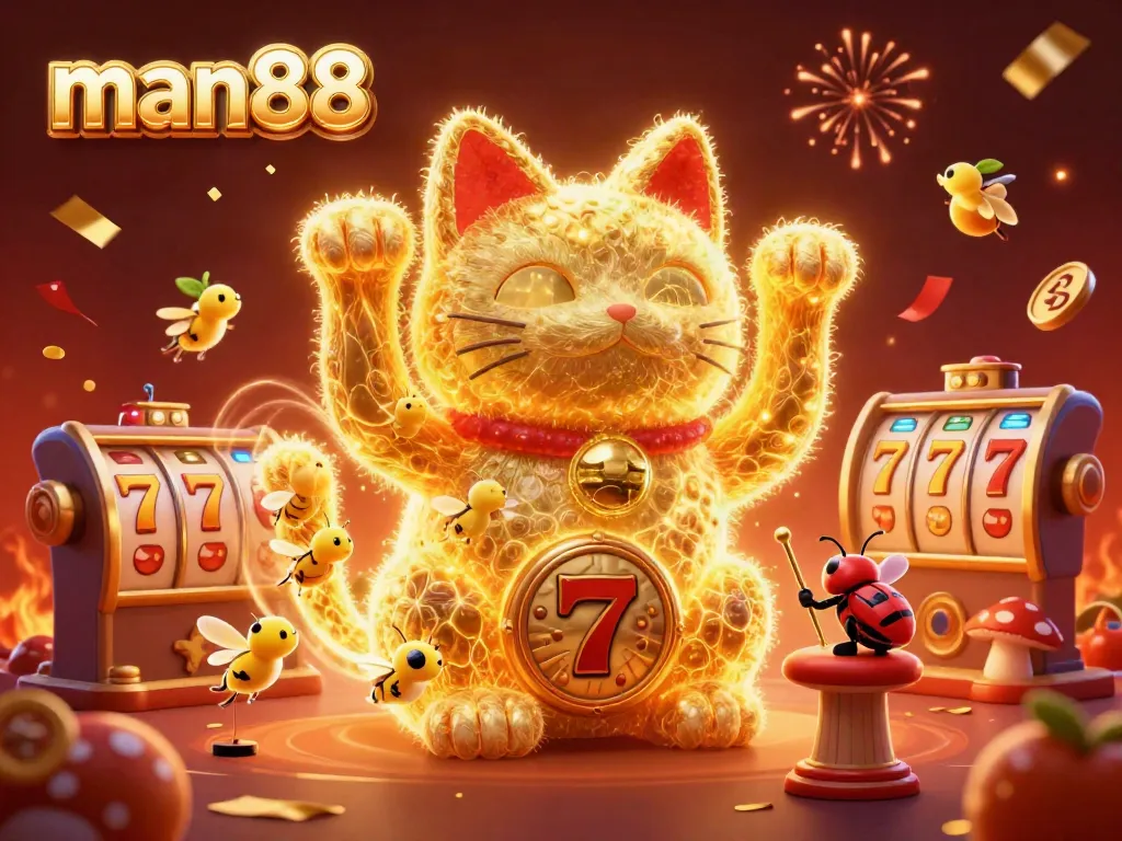 Experience the excitement of man88 with vibrant 3D elements like a lucky cat and slot symbols, celebrating gambling.