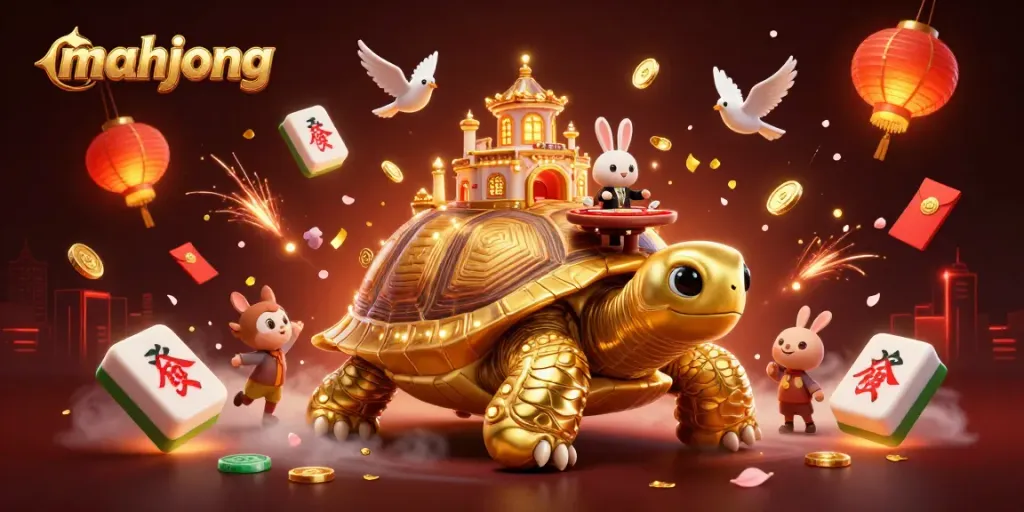 Menangkan mahjong dengan ilustrasi kasino 3D penuh warna yang menampilkan kura-kura emas dan dealer kelinci.