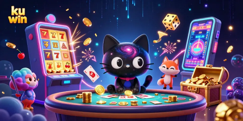 Win big with ku win at an exciting cosmic casino table featuring vibrant games and joyful characters.
