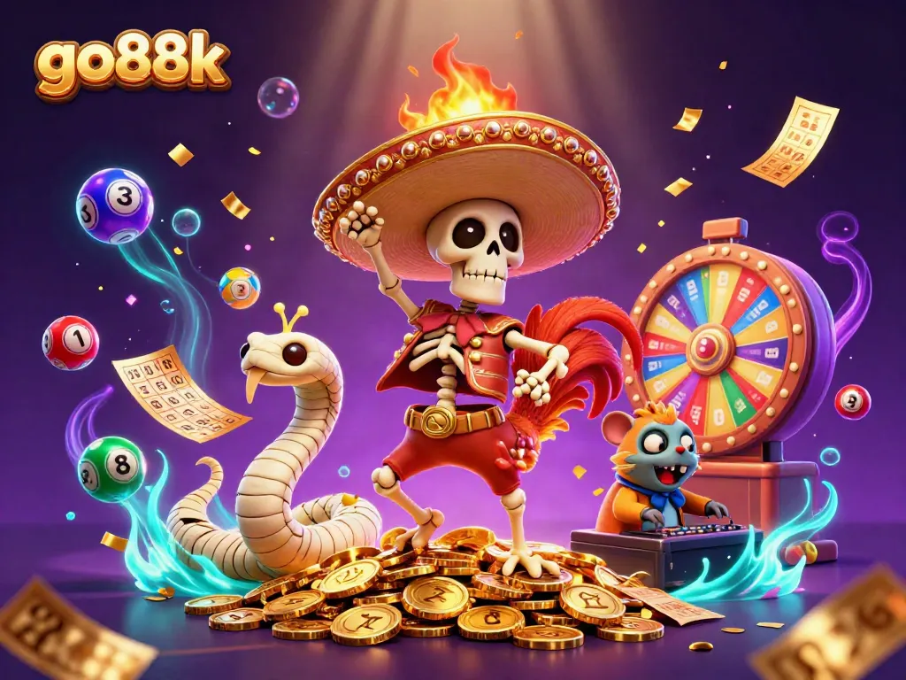 Engage with go88k's thrilling victory dance of a mariachi rooster amidst vibrant casino elements.
