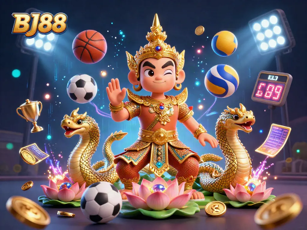 BJ88 showcases thrilling sports betting action with vibrant characters and gaming elements in a dynamic illustration.