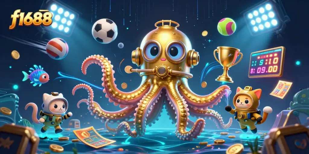 Experience the excitement of f1688 with a kraken and diving cat in this vibrant casino scene!