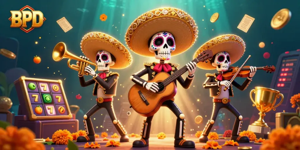 BPD insights in a lively casino scene with mariachi skeletons and vibrant slot machine elements.