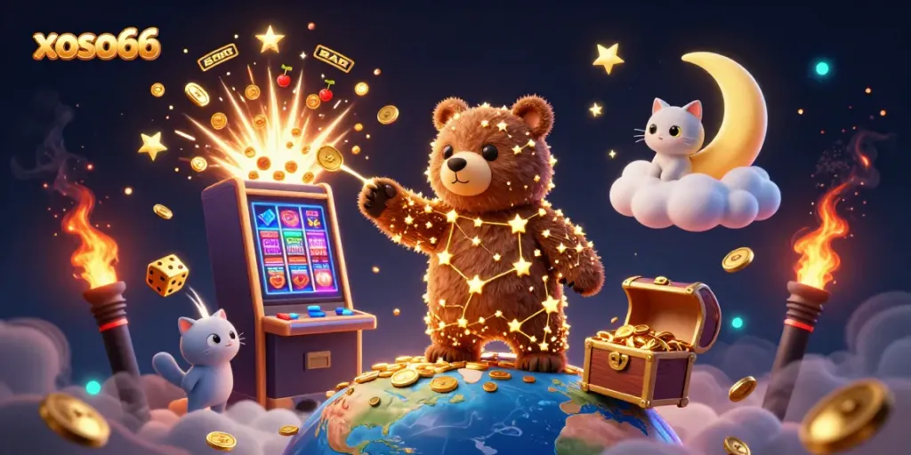 Play exciting casino games at xoso66 with a gold-studded scene full of joyful symbols and characters.