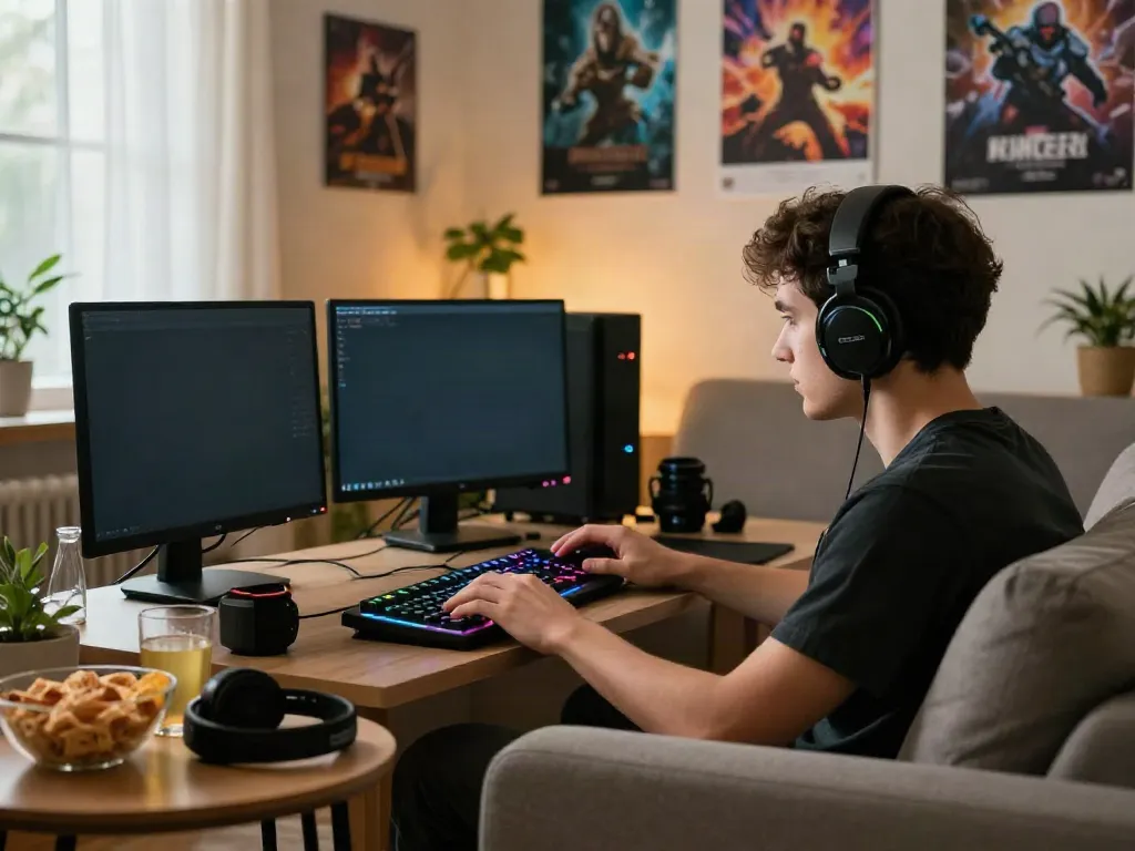 Exciting gaming atmosphere at https://sunwint4.com/ with a young adult enjoying an immersive gaming session.