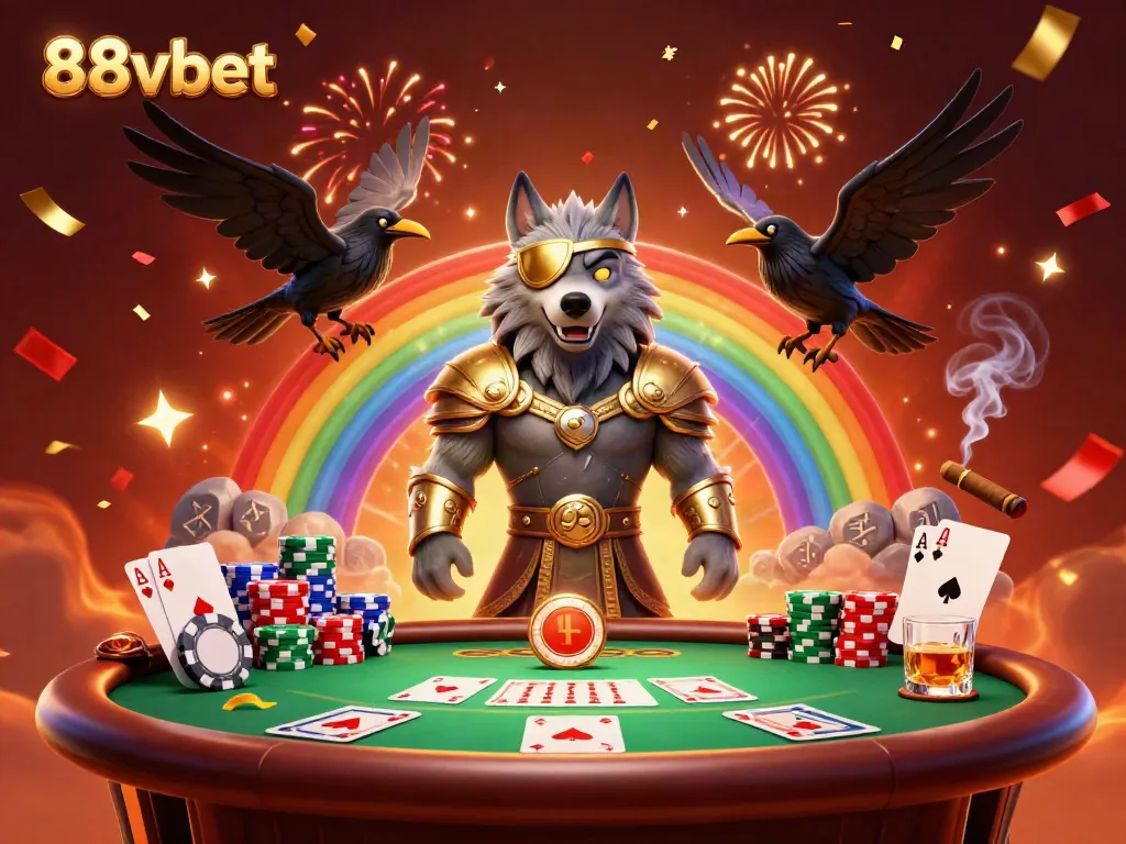 Experience the excitement of 88vbet with a vibrant 3D casino scene featuring Odin, ravens, and poker elements.