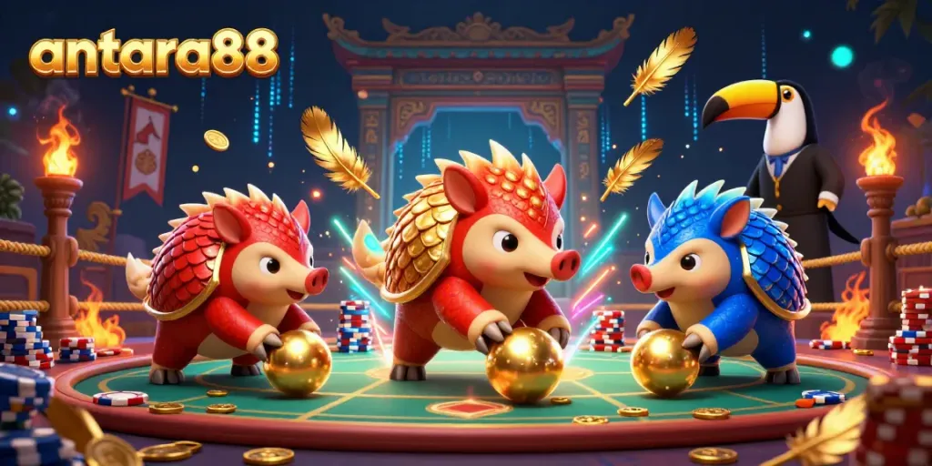 Engaging illustration of antara88 with rival pangolins in armor competing amid poker chips and golden confetti.