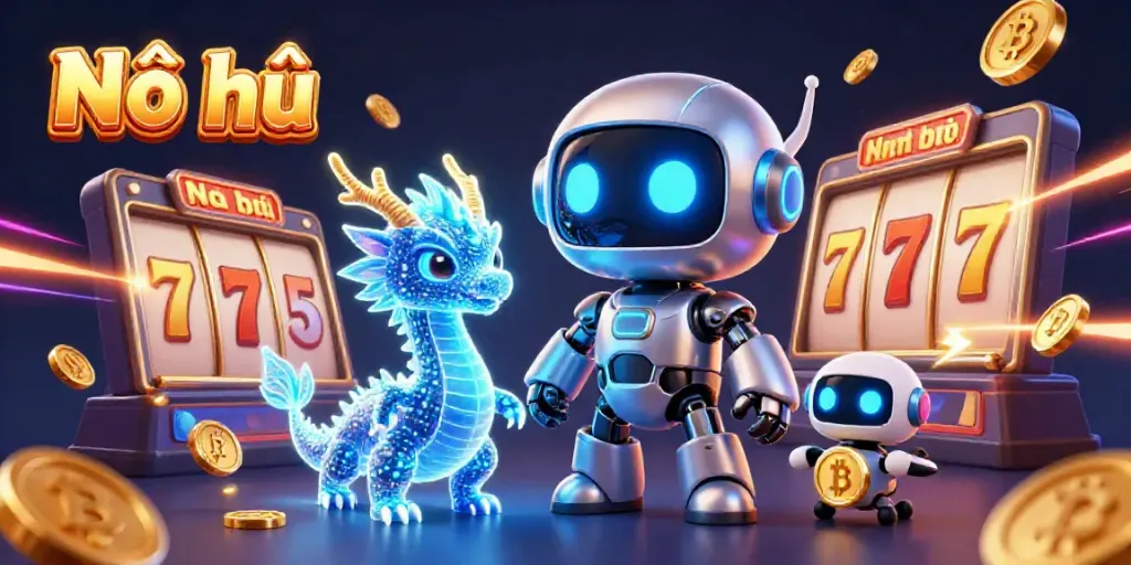 Engaging Nổ hũ gaming scene showcasing a cyberpunk robot and AI dragon among slot reels.