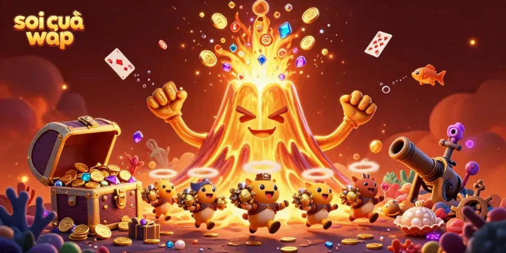 Soi cầu wap volcano erupts treasure, tiny animals flee treasure, vibrant casino elements present.