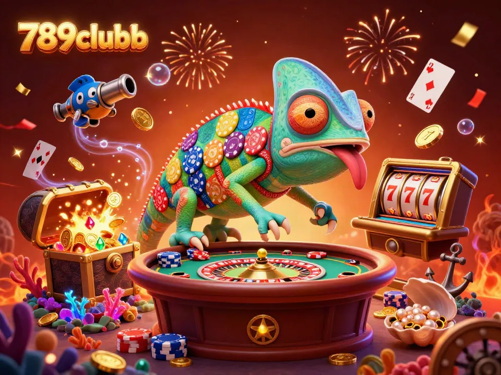 Engage with 789clubb's vibrant casino atmosphere featuring a colorful chameleon and dynamic gaming elements.
