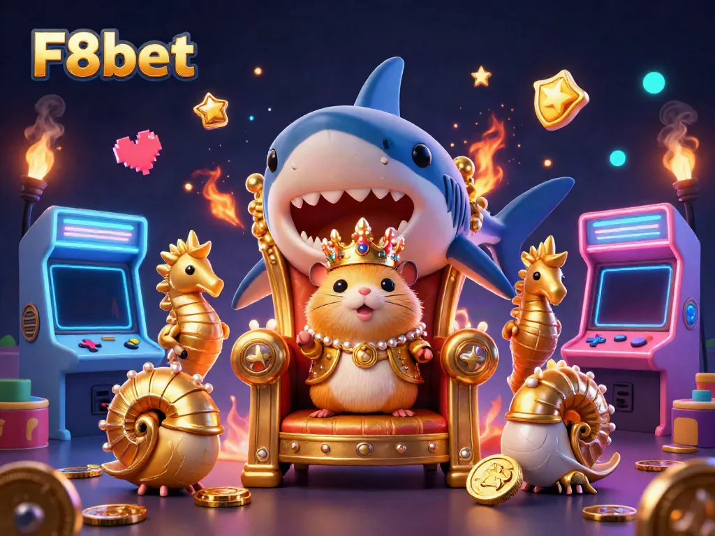 Engage with F8bet through a magical illustration showcasing a hamster king amidst vibrant casino elements.