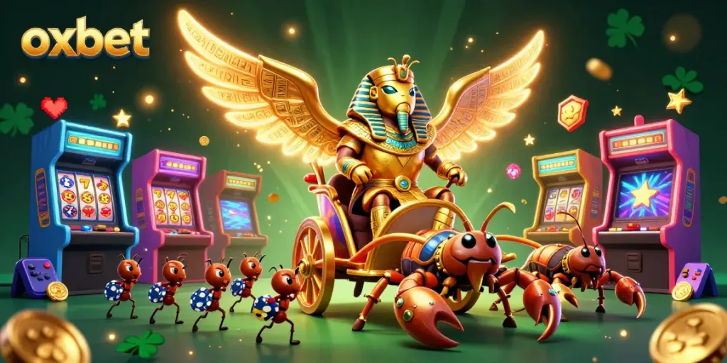 Experience thrilling gameplay with the vibrant oxbet casino scene, featuring dynamic characters and slot machines.