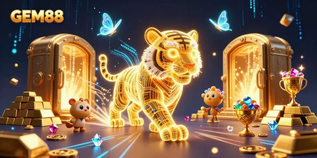 Experience thrilling gaming at GEM88 with a golden tiger and vibrant treasure elements illuminating the digital casino landscape.