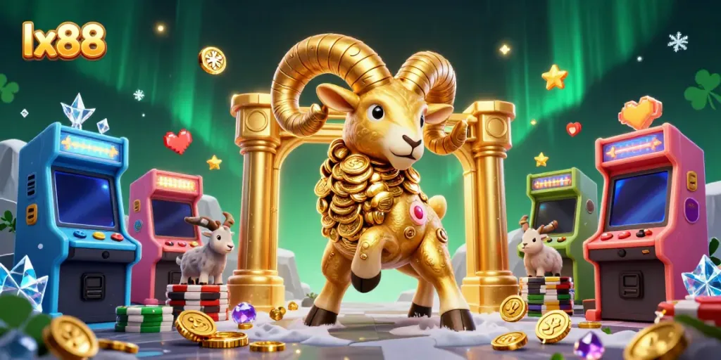 Experience top-tier gaming at lx88 with a dynamic golden ram charging through an arcade of excitement.
