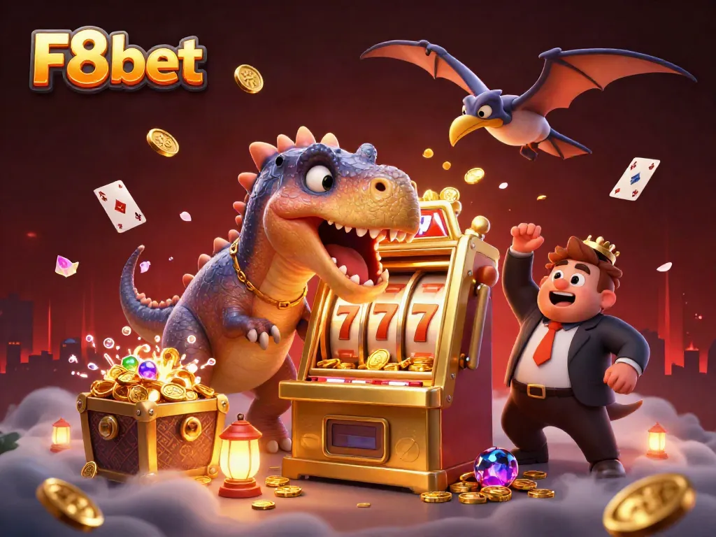 F8bet showcases a dynamic scene with a pachycephalosaurus celebrating jackpot wins at a vibrant casino.