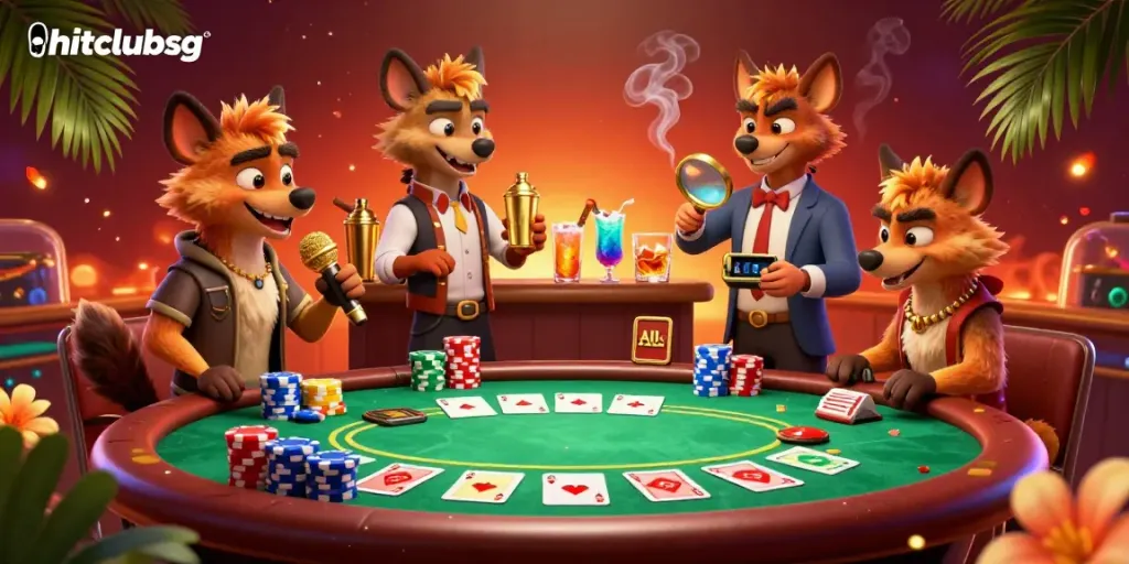 Experience lively gaming chaos at hitclubsg, featuring hyenas managing a comedy casino with vibrant poker elements.