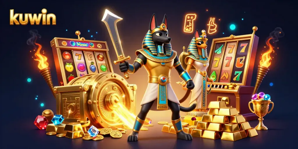 Kuwin combination with 3D Egyptian characters and dynamic casino elements like slot reels and gold treasures.