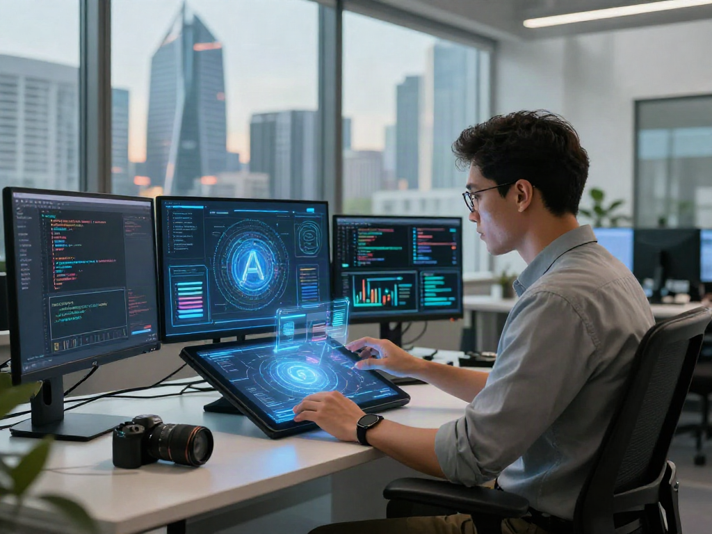Engaging AI workspace scene showcasing 18+ ai technologies in a modern office.