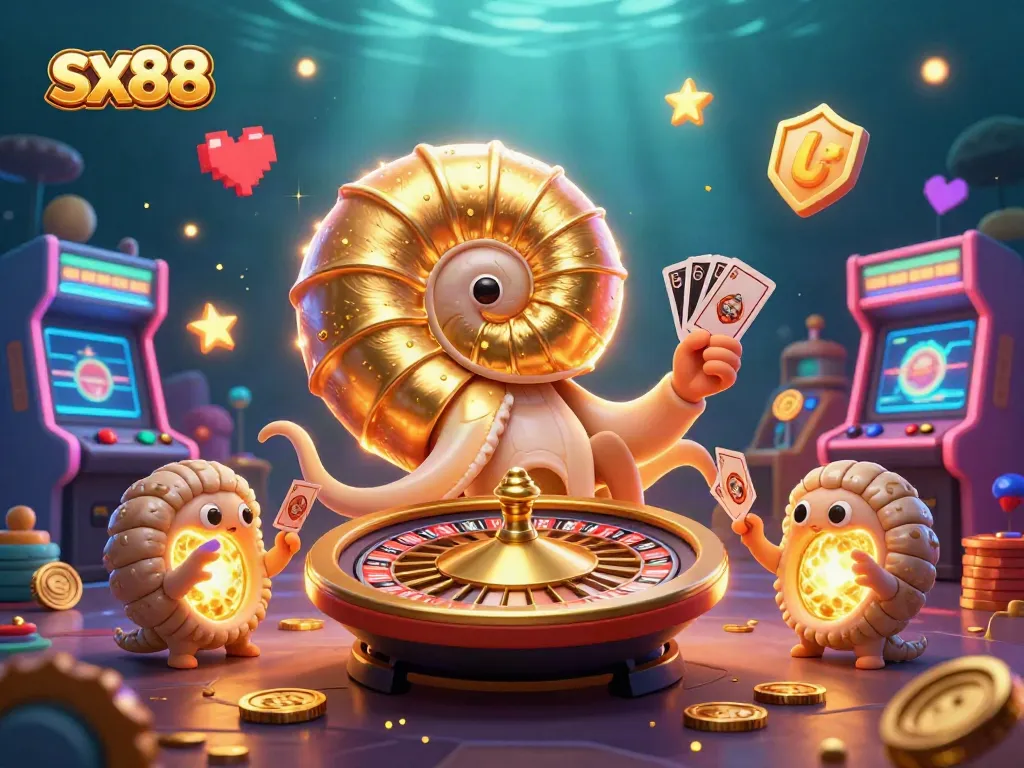 Experience sx88 gaming excitement with a 3D nautilus roulette wheel, vibrant casino elements, and glowing companions.