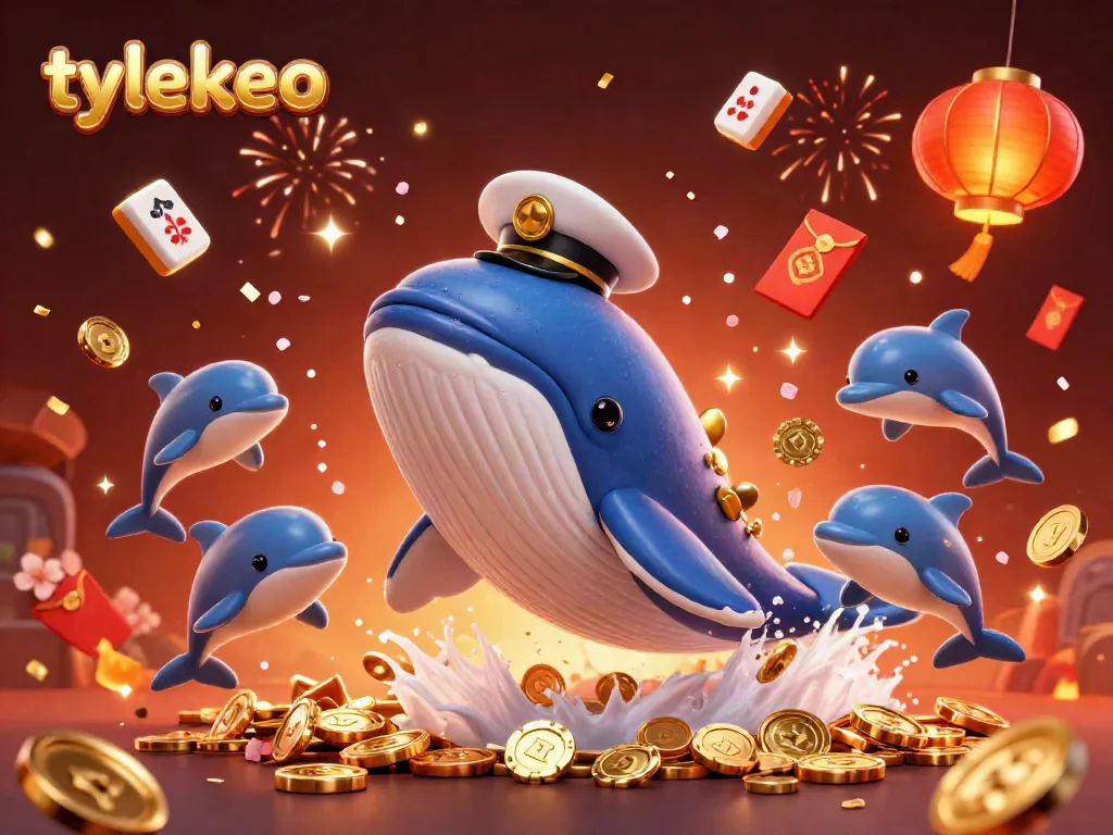Experience the excitement of tylekeo as a whale in a captain's coat breaches through a sea of coins amidst gaming elements.