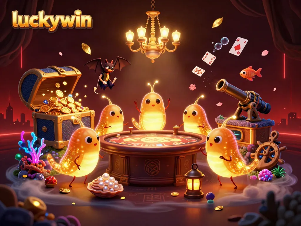 Experience the luckywin magic in a vibrant 3D casino scene with glowworms and treasure!