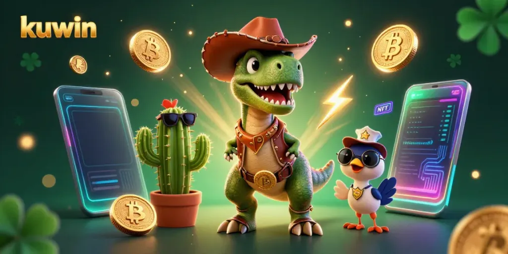 Kuwin promotions featuring fun, colorful characters and cryptocurrencies for an engaging online casino experience.