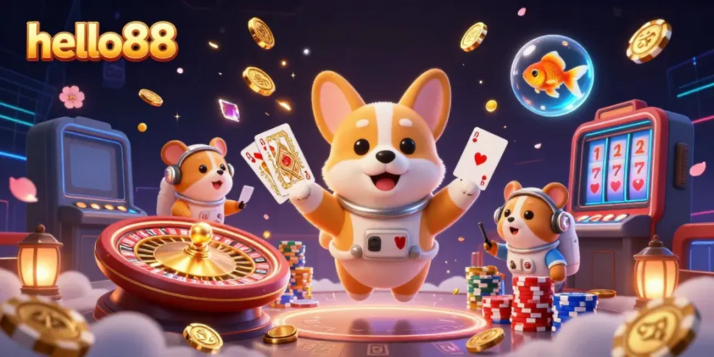 Experience the excitement at hello88 with casino-themed characters in a vibrant 3D scene.