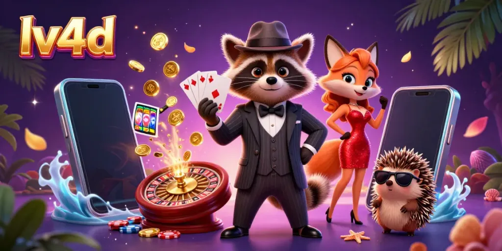 Engaging lv4d scene showcasing a raccoon and fox enjoying a lively casino atmosphere with vibrant game elements.
