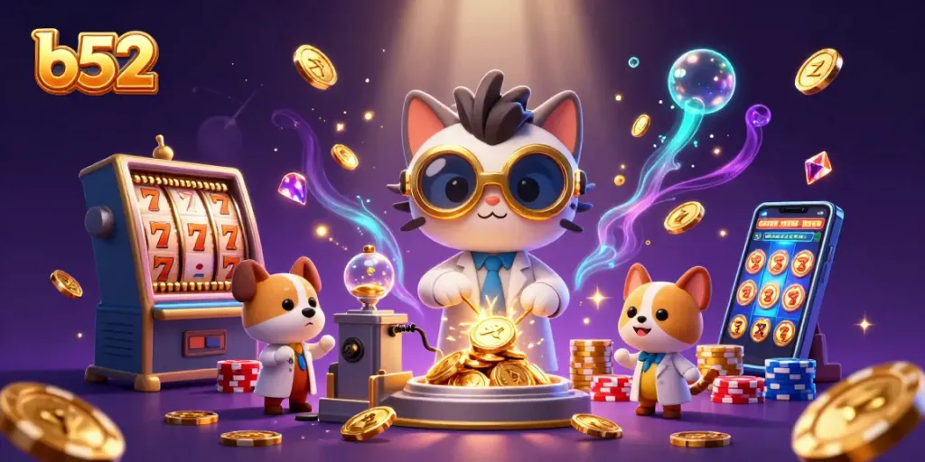 Experience winning with the vibrant b52 slot machine scene featuring playful characters and jackpots.