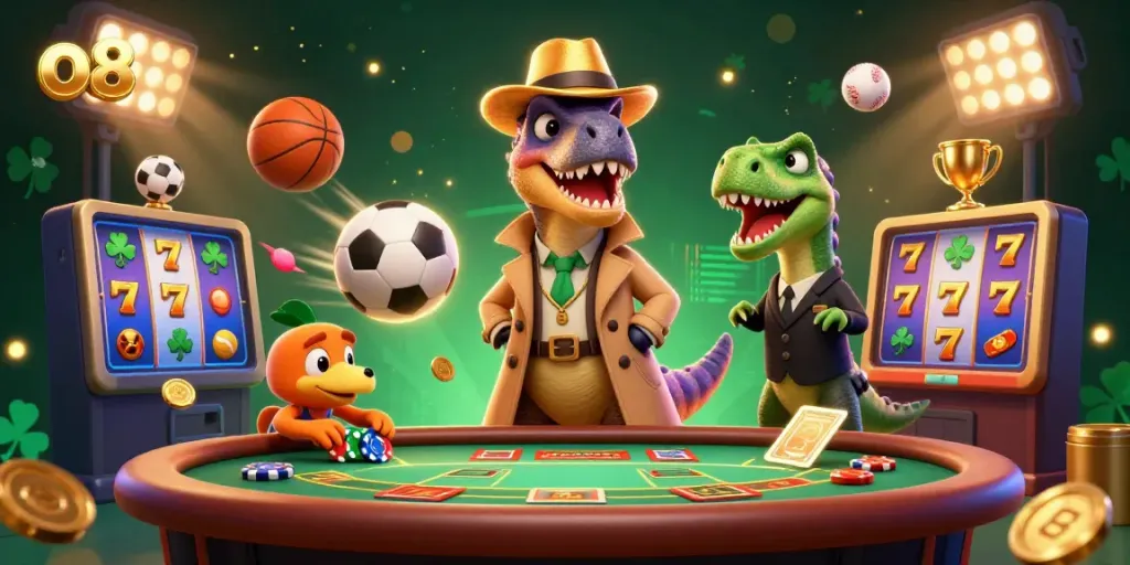 Engaging illustration of o8 with a velociraptor at a blackjack table, highlighting thrilling casino action.