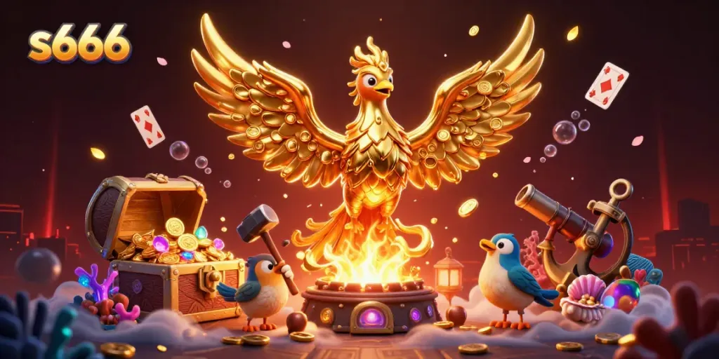 Experience thrilling gameplay at s666 with a molten gold phoenix, vibrant casino elements, and explosive treasure.
