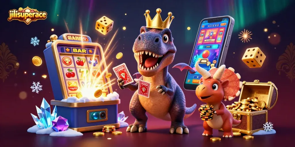 Spin the reels with jilisuperace as friendly T-Rex, pterodactyl, and triceratops celebrate jackpots.
