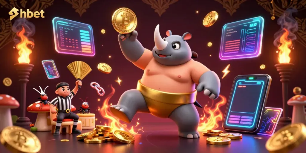 Experience thrilling shbet gameplay as a rhinoceros beetle sumo champion makes a powerful coin-stomping move in this vibrant 3D illustration.