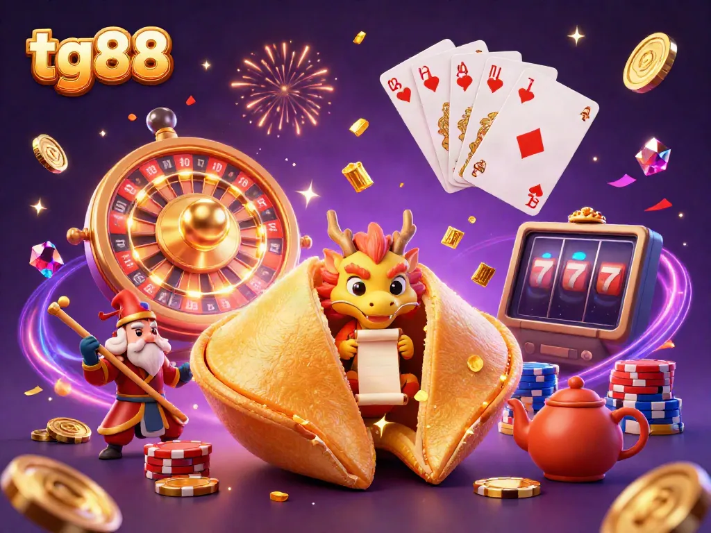 Experience thrilling wins at tg88 with a 3D illustration of a golden fortune cookie, dynamic casino elements, and magical effects.