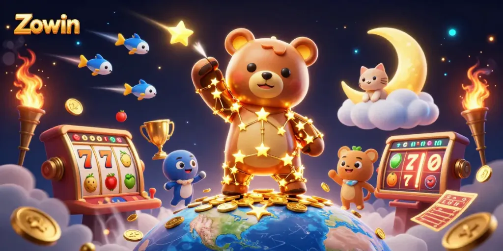 Zowin players scooping coins in a vibrant casino scene with a constellation bear and lucky symbols.