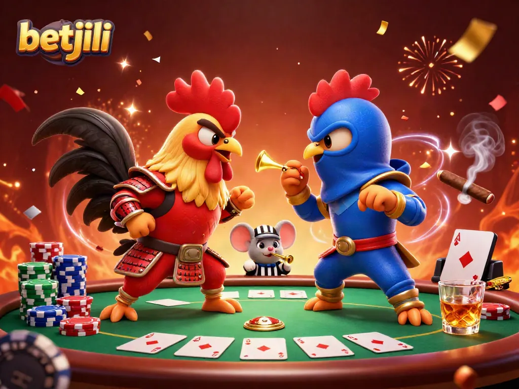 Engage with betjili in a thrilling standoff between cartoon roosters and dynamic casino elements.