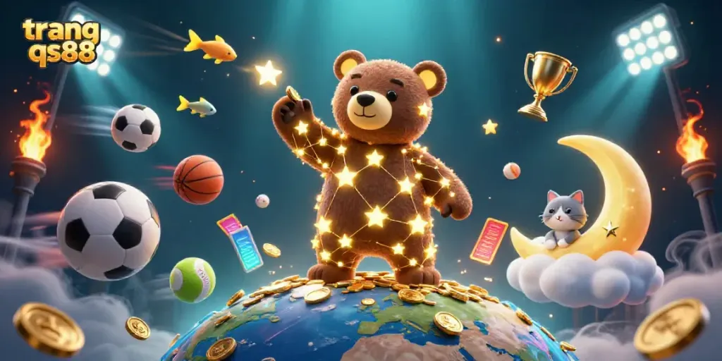 Experience the dynamic world of trang qs88 with a constellation bear scooping coins and sports elements.