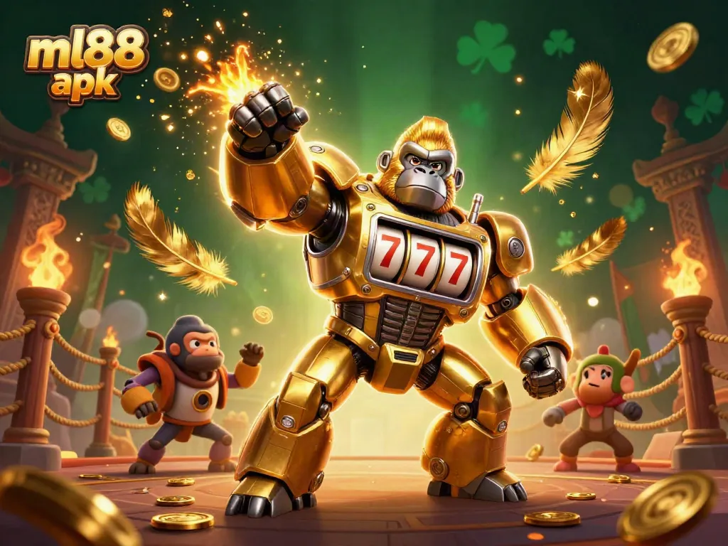 Engage in thrilling gameplay with the ml88 apk, showcasing a golden gorilla mech in an entertaining casino environment.