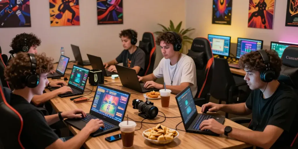 Davo88 players engaging in an exciting online togel session in a vibrant gaming room.